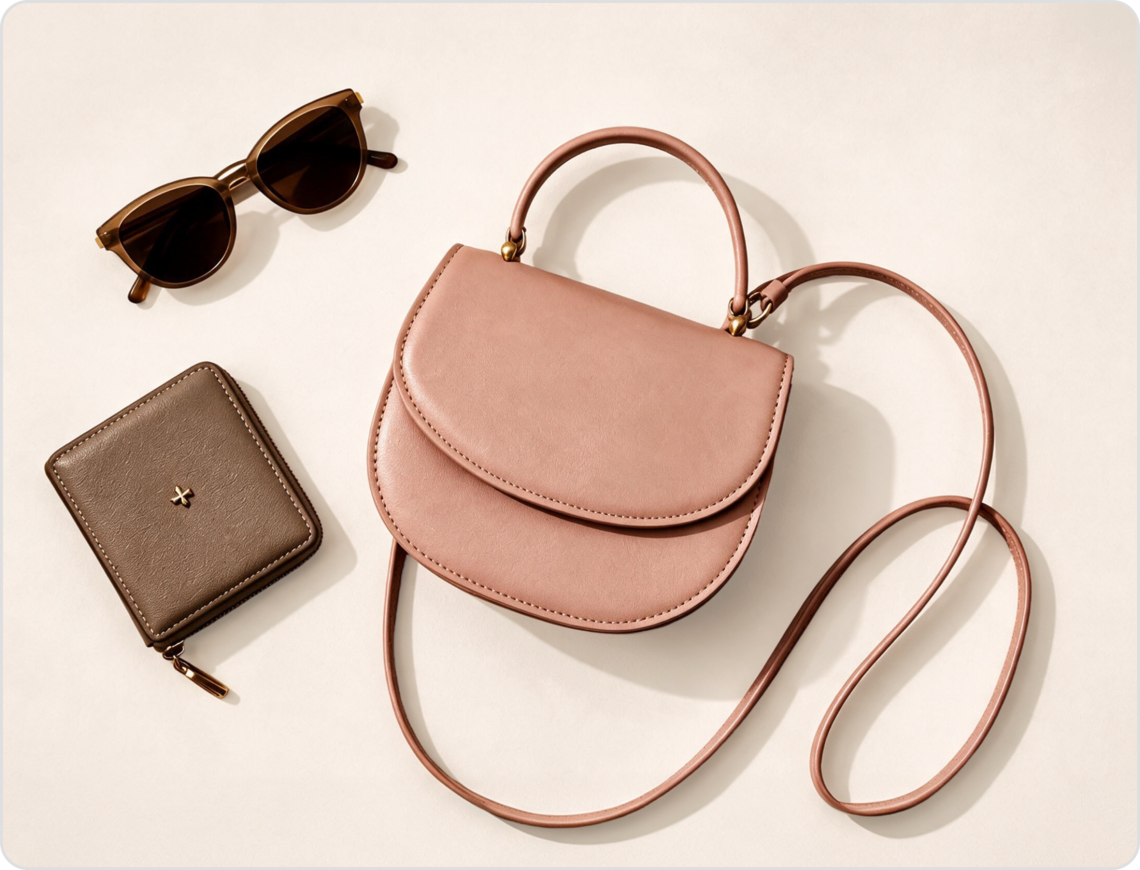 Top-Down Bag Layout Product Shot Generator That Styles for You