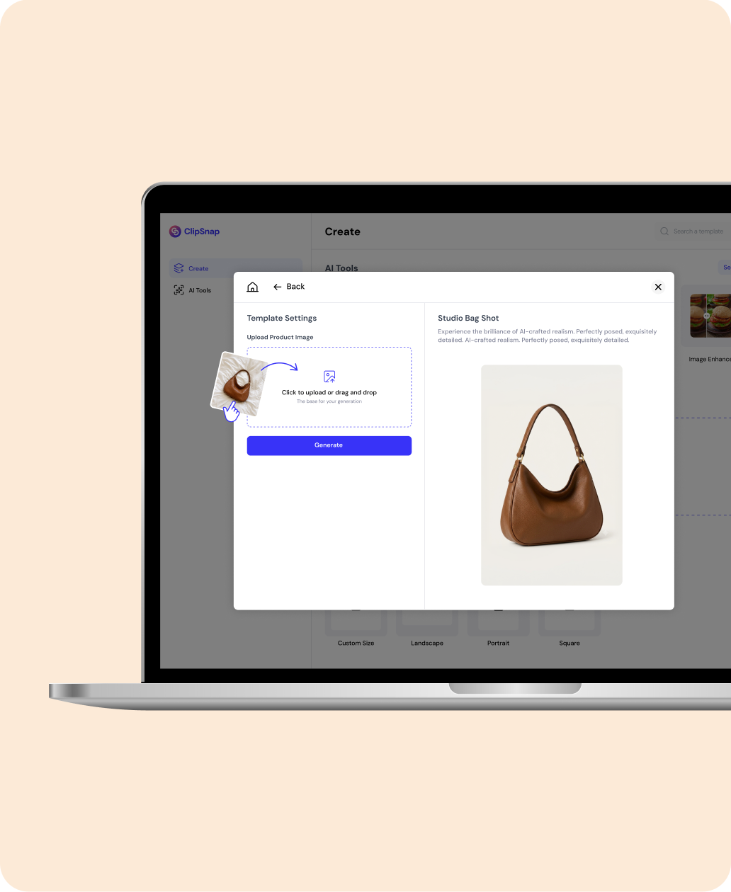 So funktioniert der KI-gestützte Produktfotogenerator von ClipSnap für Taschen